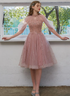 Pink Halter Tulle with Beaded Short Homecoming Dress, Pink Short Prom Dress