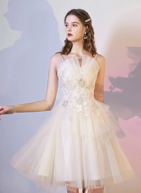 Champagne Tulle with Lace Short Homecoming Dress, A-line Tulle Short Prom Dress