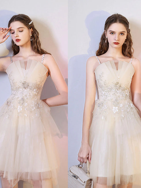 Champagne Tulle with Lace Short Homecoming Dress, A-line Tulle Short Prom Dress