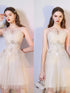 Champagne Tulle with Lace Short Homecoming Dress, A-line Tulle Short Prom Dress