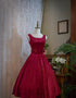 Wine Red Satin Tea Length Party Dress with Bow, Wine Red Wedding Party Dress
