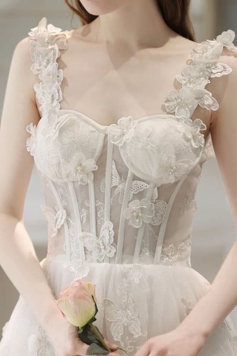 White Straps Lace Sweetheart Long Formal Dress, White A-line Floor Length Prom Dress
