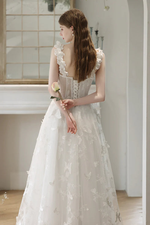 White Straps Lace Sweetheart Long Formal Dress, White A-line Floor Length Prom Dress