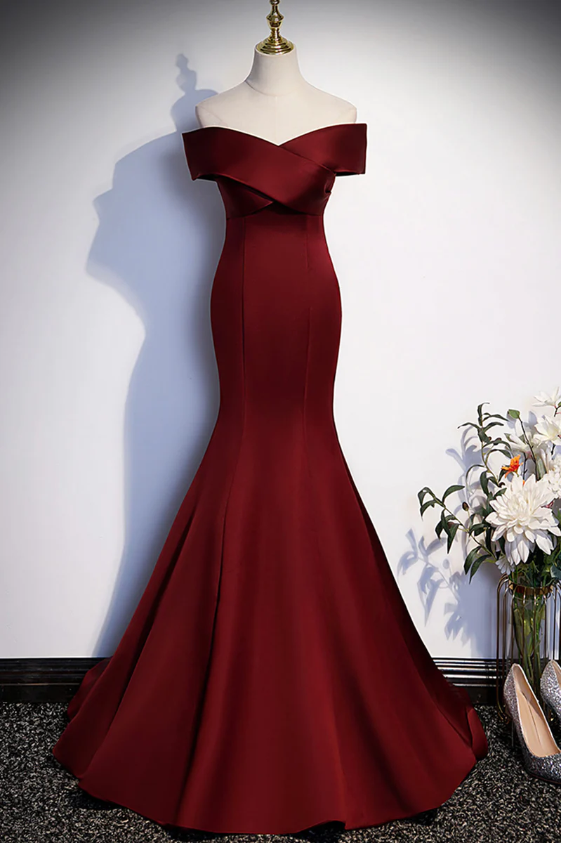 wine mermaid prom dress Wine Red Mermaid Long Prom Dress, Off the Shoulder V-Neck Wedding Party Dress Custom size / Wine Red