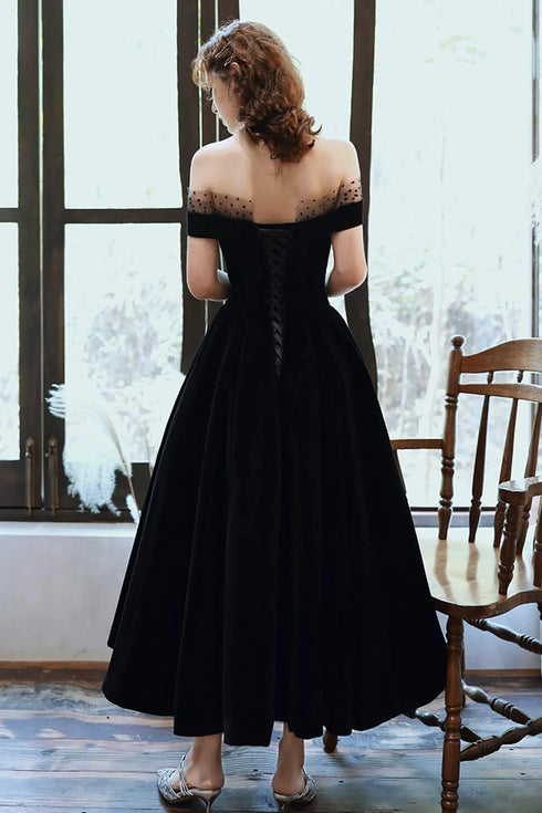Off Shoulder Black Velvet Party Dress, Black Short Homecoming Dress Evening Dress