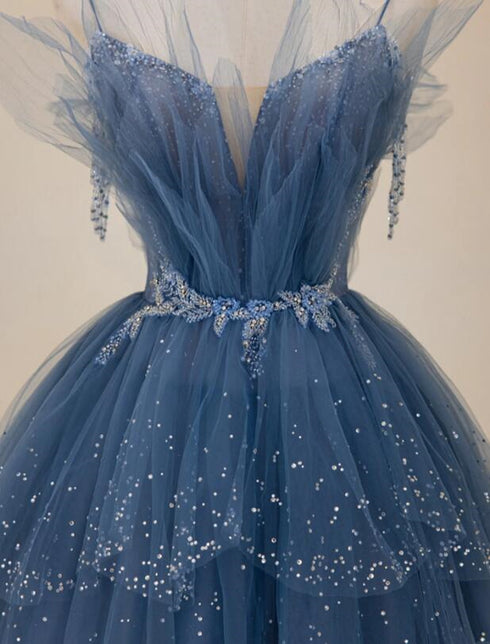 Blue Shiny Tulle Long Beaded A-line Prom Dress, Blue Floor Length Party Dress