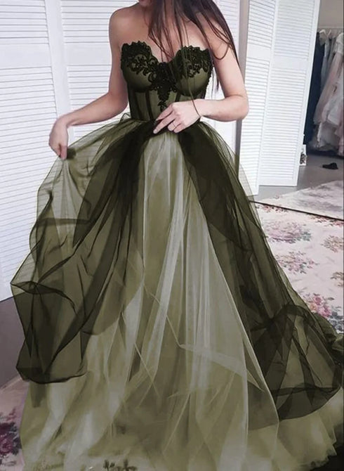 Black and Green Tulle Sweetheart A-line Prom Dress, Long Party Dress Evening Dress
