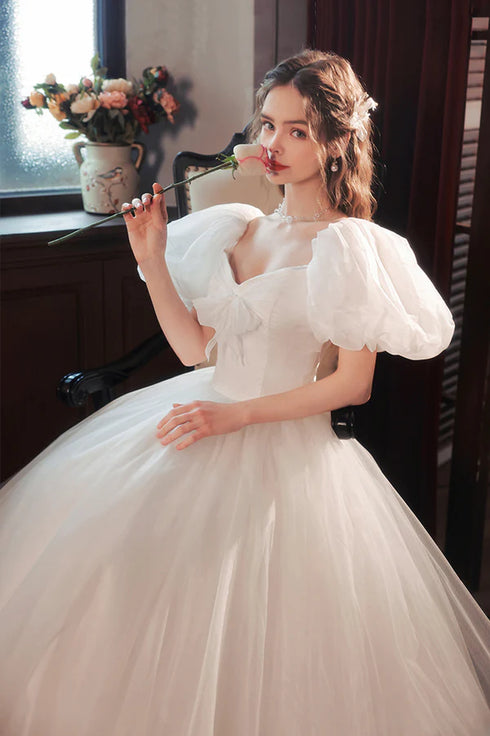 White Puffy Short Sleeves Sweetheart Wedding Party Dress, White Tulle Long Prom Dress