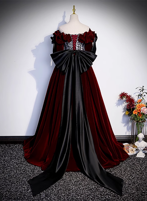 Wine Red Velvet Off Shoulder Party Dress with Bow, Wine Red Velvet Long Prom Dress