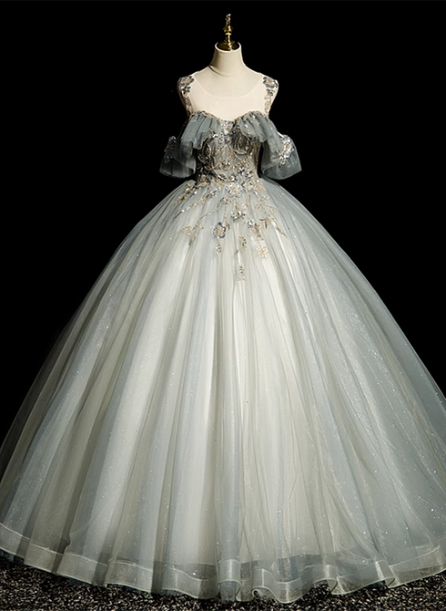 Green Tulle Off Shoulder Ball Gown Beaded Sweet 16 Dress, Green Tulle Formal Dress