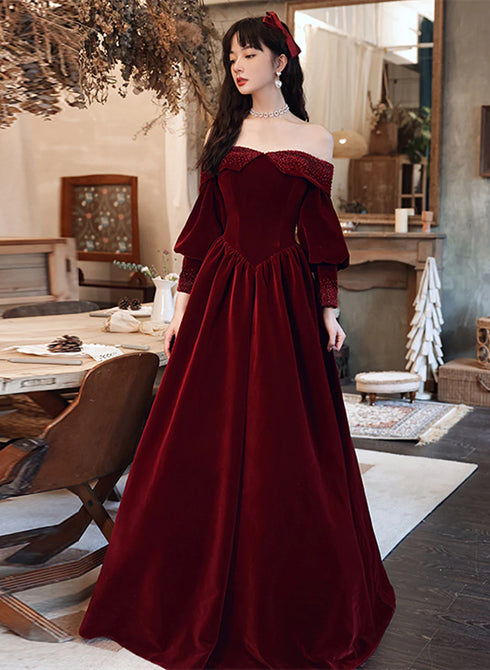 Wine Red Beaded Puffy Sleeves Long Formal Dress, Wine Red Velvet A-line Party Dress
