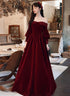 Wine Red Beaded Puffy Sleeves Long Formal Dress, Wine Red Velvet A-line Party Dress