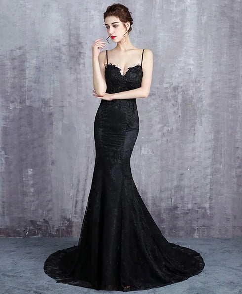 Beautiful Mermaid Black Straps Long Formal Dress, Black Evening Dress Prom Dress