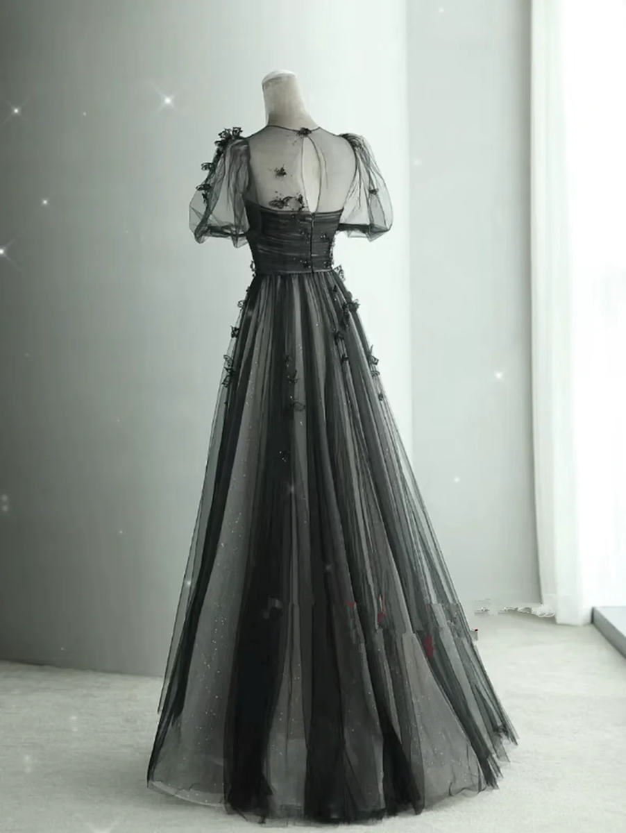 A-Line Jewel Neckline Tulle Dress Black Plus Size