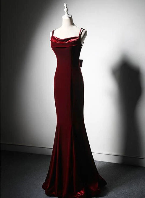 Lovely Low Back Velvet Mermaid Long Prom Dress, Velvet Wedding Party Dress