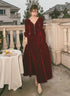 Wine Red Velvet Long Sleeves Party Dress, Wine Red V-neckline Prom Dress Evening Dress