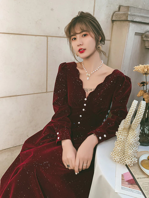 Wine Red Velvet Long Sleeves Party Dress, Wine Red V-neckline Prom Dress Evening Dress