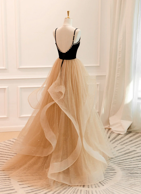 Lovely Champagne A-line Beaded Strap Party Dress, Tulle Layers Long Prom Dress