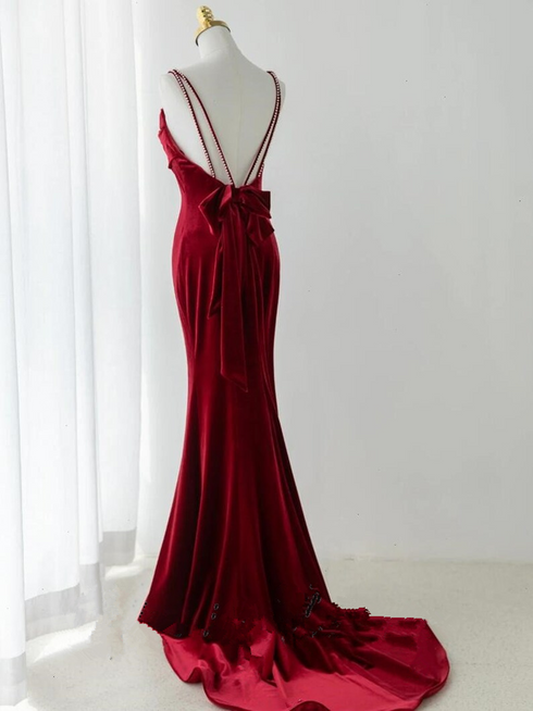 Wine Red Straps Low Back Mermaid Long Party Dress, Wine Red Evening Dress