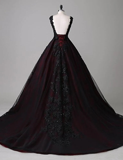 Black and Red Backless Tulle Long Formal Gown, Black and Red Long Prom Dress