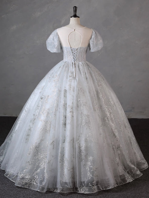Grey Short Sleeves Tulle Ball Gown Prom Dress, Grey Ball Gown Sweet 16 Dress