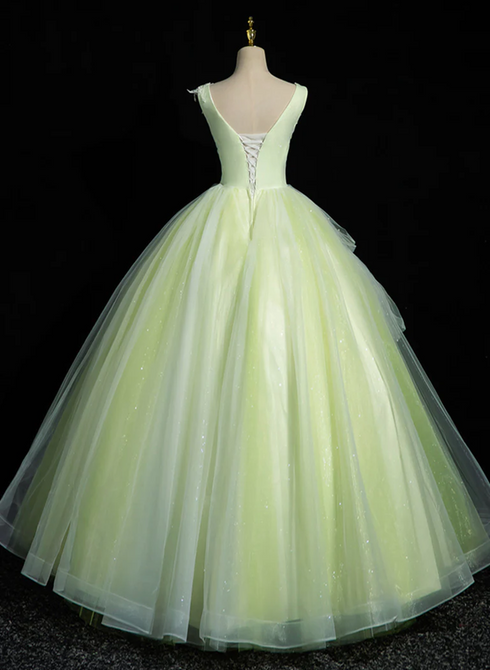 Light Green V-neckline Tulle Long Party Dress, Light Green Sweet 16 Dress