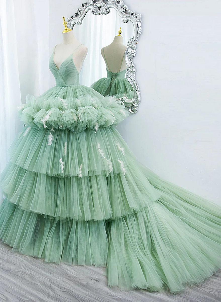 Light Green Tulle Layers Low Back Prom Dress, Light Green Sweet 16 Dre