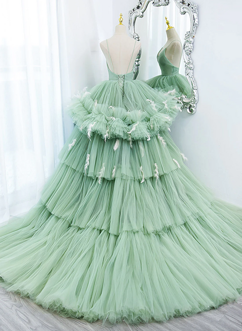 Light Green Tulle Layers Low Back Prom Dress, Light Green Sweet 16 Dress