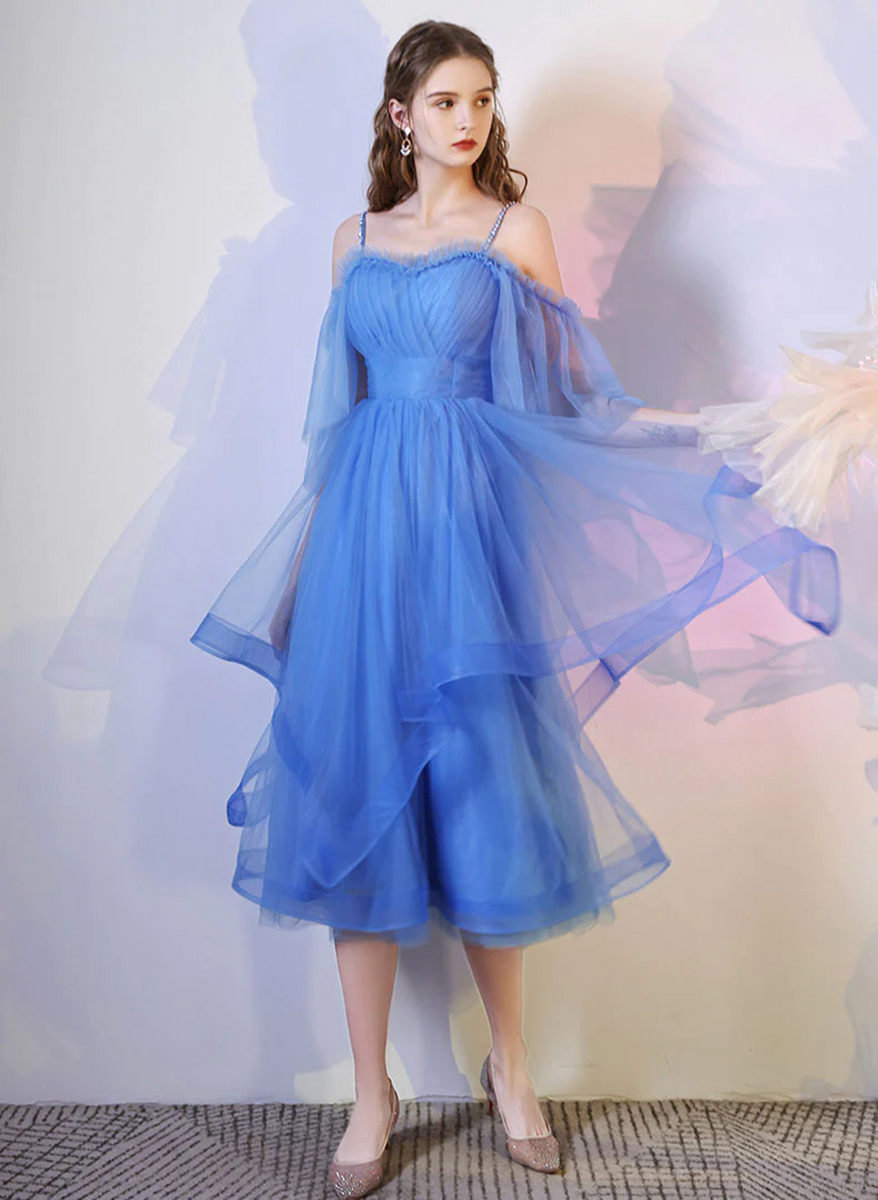 Blue Beaded A-line Tulle Knee Length Party Dress, Blue Tulle Homecoming Dress