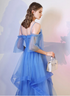 Blue Tulle Straps Beaded Layers Tea Length Party Dress, Blue Homecoming Dress