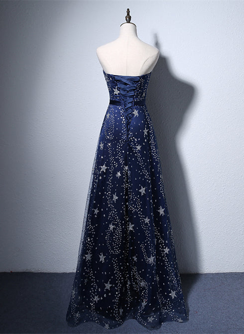 Navy Blue A-line Tulle Long Evening Dress, Navy Blue Prom Dress
