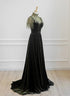 A-line Green Velvet Long Wedding Party Dress, High Neckline Prom Dress Evening Dress