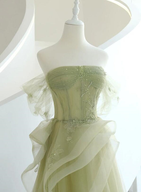 Light Green Tulle with Beaded A-line Prom Dress, Light Green Evening Dress Party Dress