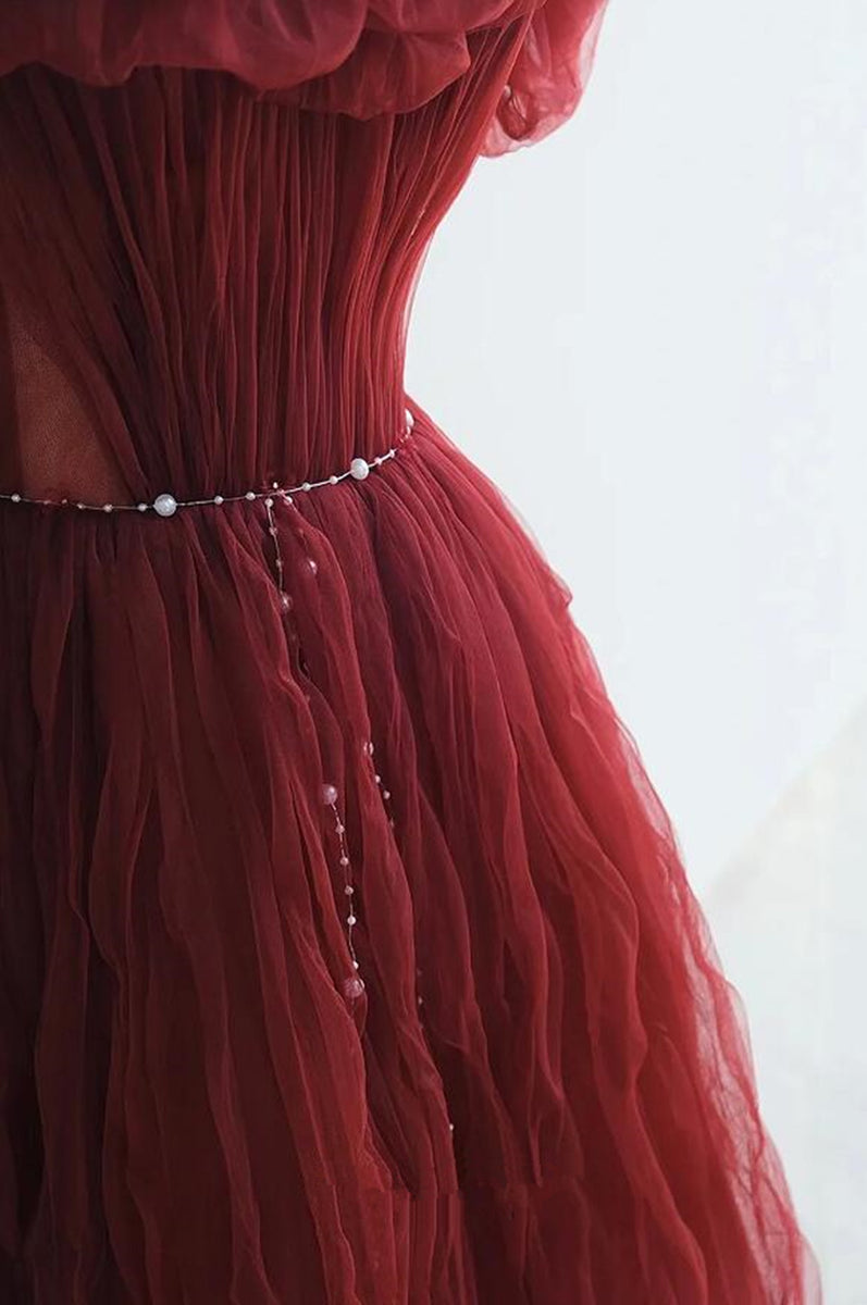 Wine Red Off Shoulder Tulle Beaded Long Formal Dress, Wine Red Tulle Sweet 16 Dress main image 1
