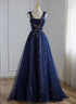A-line Navy blue Tulle Beaded V-neckline Party Dress, Navy Blue Shiny Tulle Prom Dress