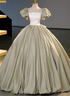 Green Short Sleeves Ball Gown Satin Long Party Dress, Green Long Formal Dress