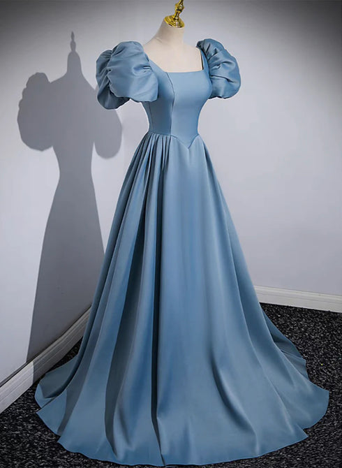 Blue Satin Short Sleeves Long Prom Dress, Blue A-line Party Dress Evening Dress