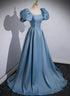 Blue Satin Short Sleeves Long Prom Dress, Blue A-line Party Dress Evening Dress