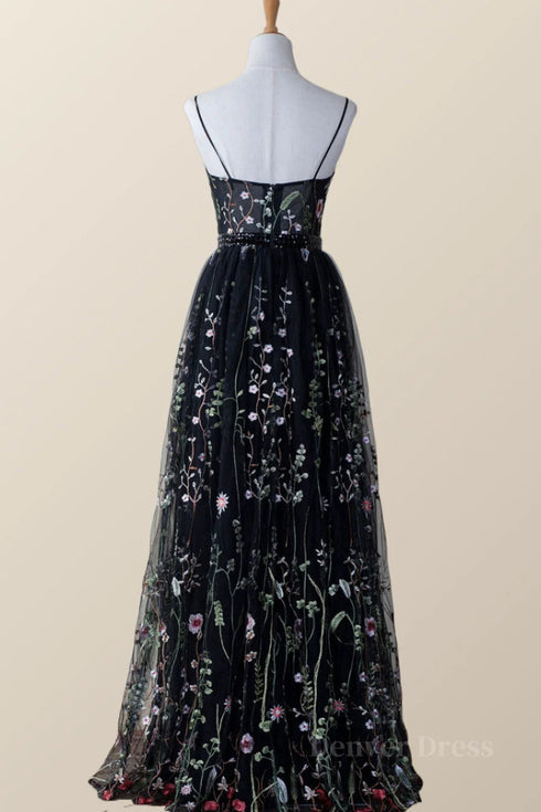 Black Floral Tulle A-line V-neckline Long Prom Dress, Black Evening Dress Party Dress