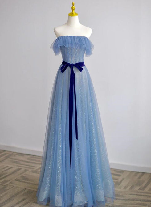 A-line Blue Simple Off Shoulder Floor Length Prom Dress, Blue Long Party Dress