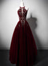 Wine Red Velvet Beaded Halter Long Formal Dress, A-line Velvet Prom Dress