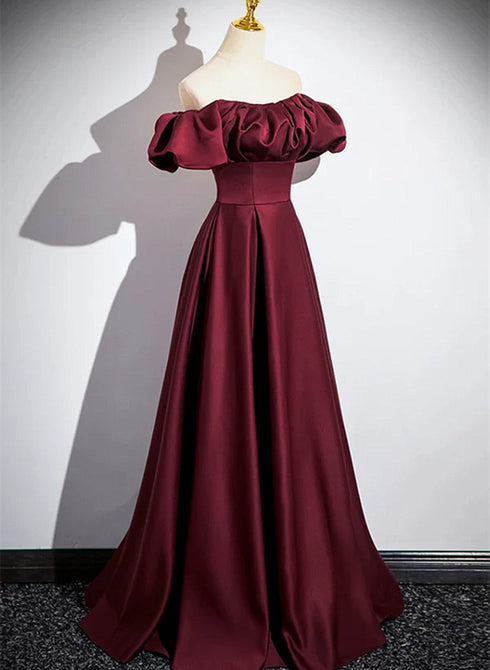 Wine Red Satin Off Shoulder Long Party Dress, Wine Red Satin Prom Dress
