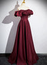 Wine Red Satin Off Shoulder Long Party Dress, Wine Red Satin Prom Dress