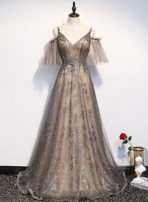 Champagne A-line Straps Lace Low Back Prom Dress, A-line Evening Dress