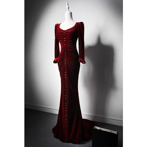 Wine Red Velvet Long Sleeves Mermaid Long Prom Dress, Wine Red Evening Dress