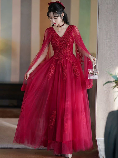 Wine Red Tulle V-neckline with Lace Applique Prom Dress, Wine Red Tulle Evening Dress