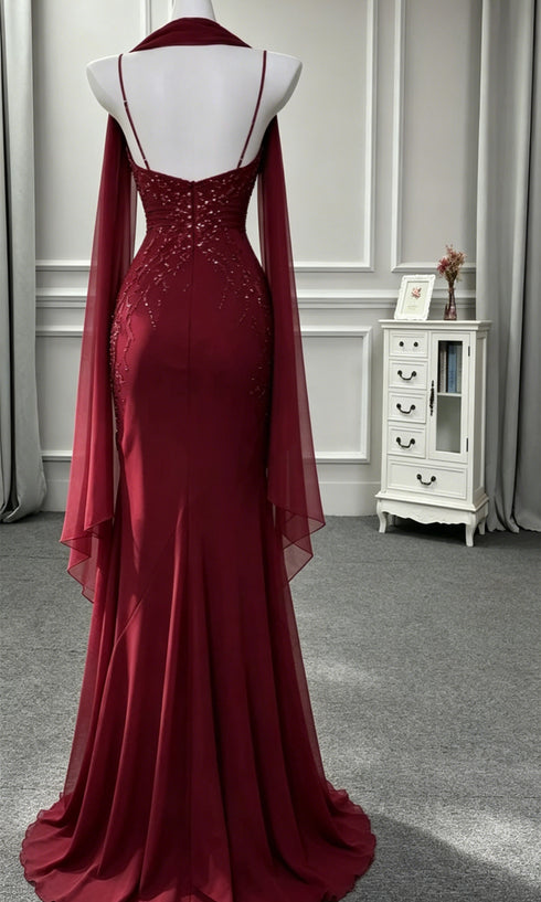 Wine Red Evening Dress Spaghetti Straps Mermaid Formal Dress,Wine Red Ruffled Chiffon Party Prom Dresses with Scarf