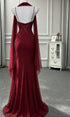 Wine Red Evening Dress Spaghetti Straps Mermaid Formal Dress,Wine Red Ruffled Chiffon Party Prom Dresses with Scarf