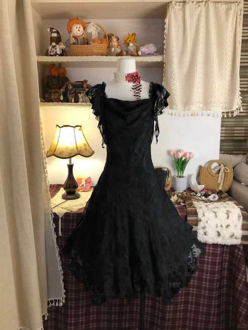 Black Lace Knee Length Short Homecoming Dress, Black Cap Sleeves Short Party Dress