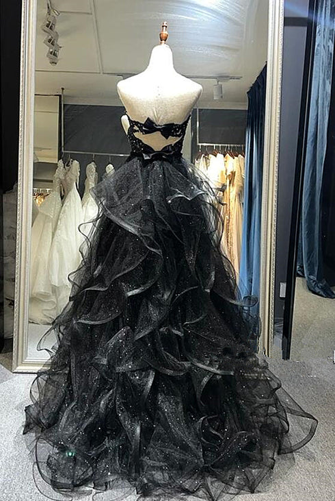 Black Sweetheart Tulle Layers Long Party Dress, Black Tulle Lace Prom Dress
